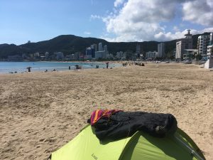 Camping on a beach in Busan