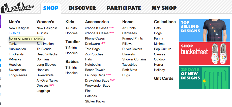 Threadless website menu